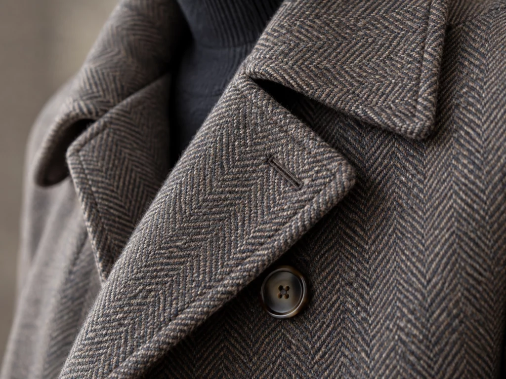 Gros plan sur un col de manteau en tweed à chevrons, montrant la texture et les finitions du tissu